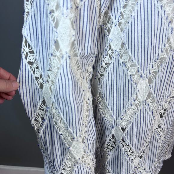 Free People Top small button down all over crochet oxford Maldives Stripes NWT - Picture 5 of 14